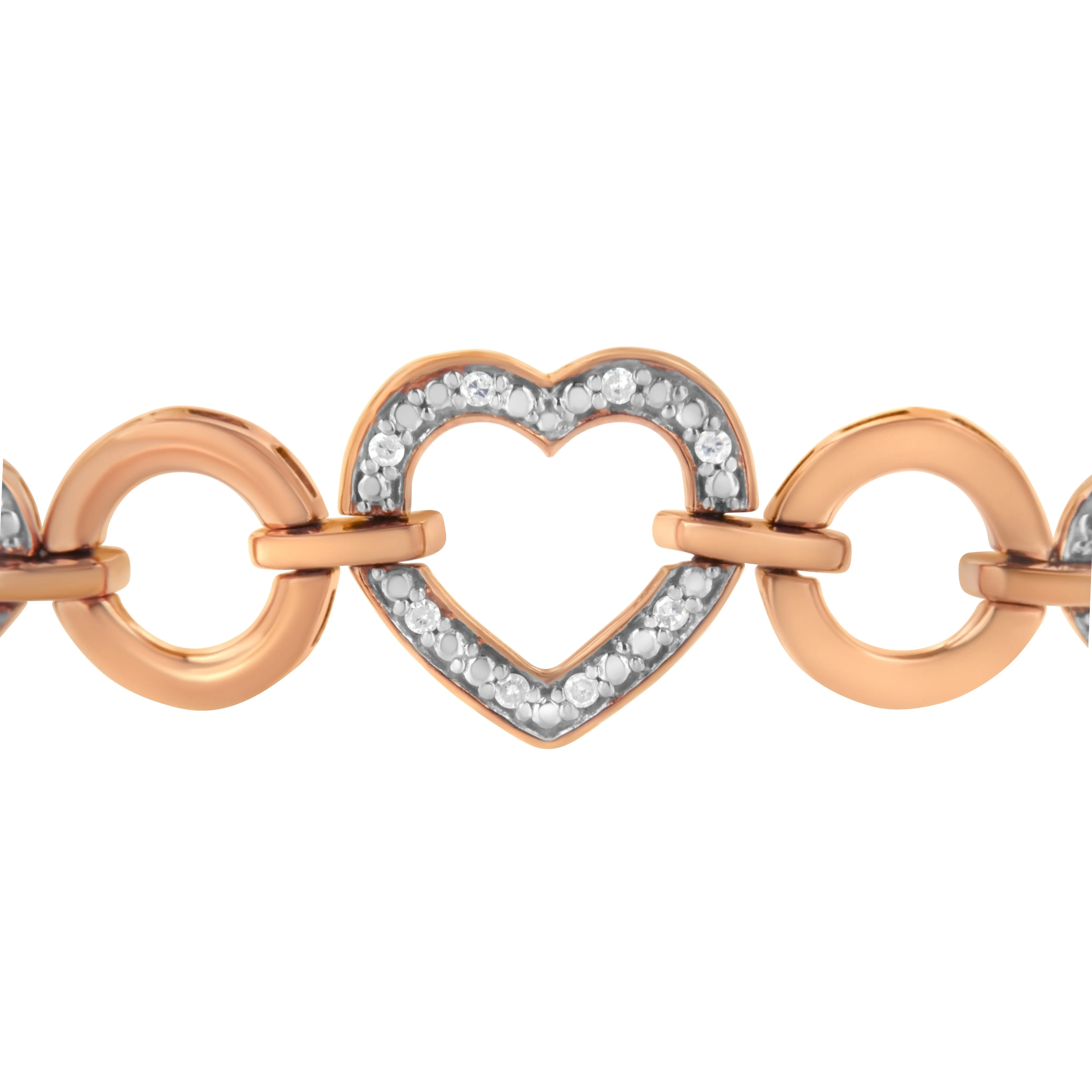 14K Rose Gold Plated .925 Sterling Silver Diamond Accent Circle and Heart Link Adjustable 6”-10” Bolo Bracelet
