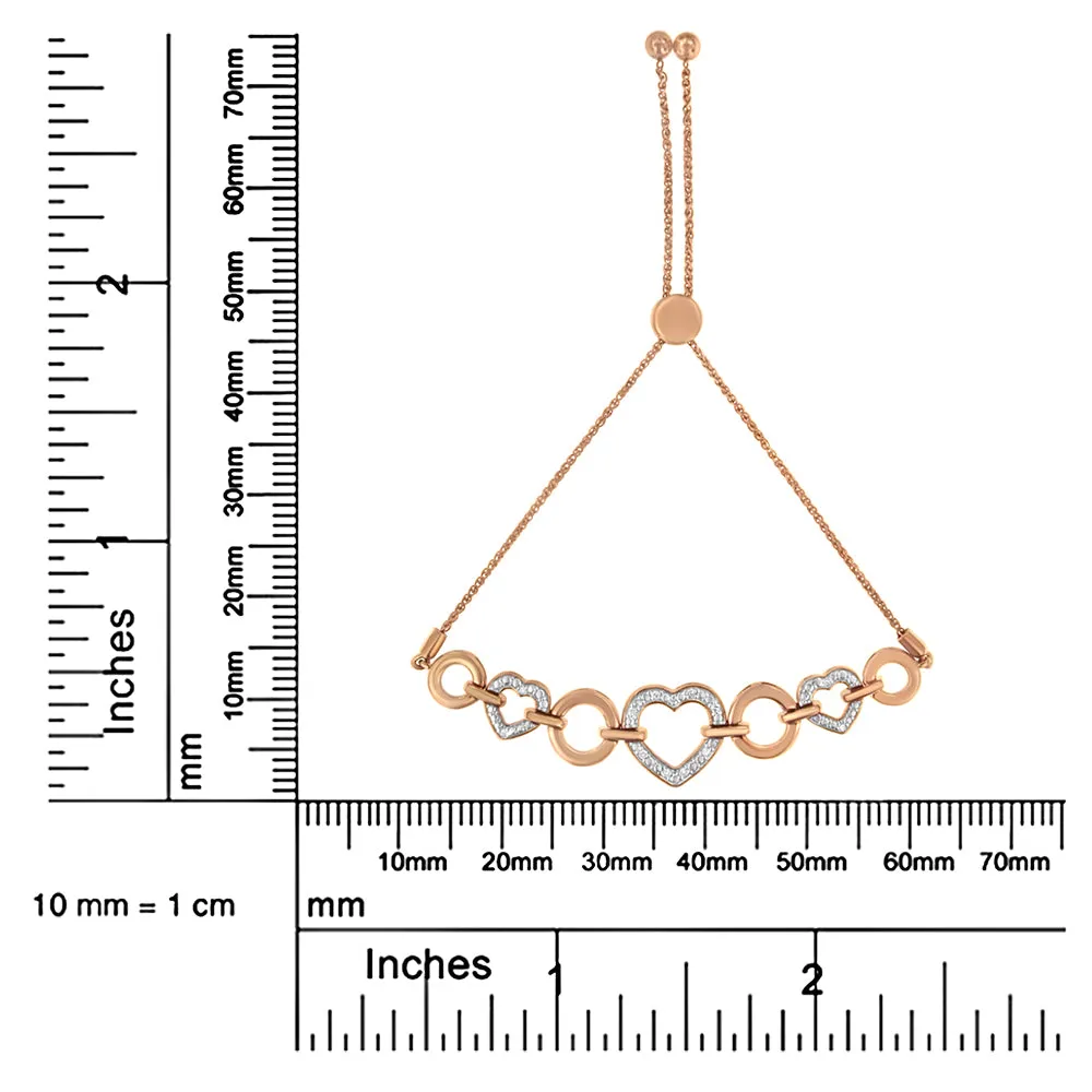 14K Rose Gold Plated .925 Sterling Silver Diamond Accent Circle and Heart Link Adjustable 6”-10” Bolo Bracelet