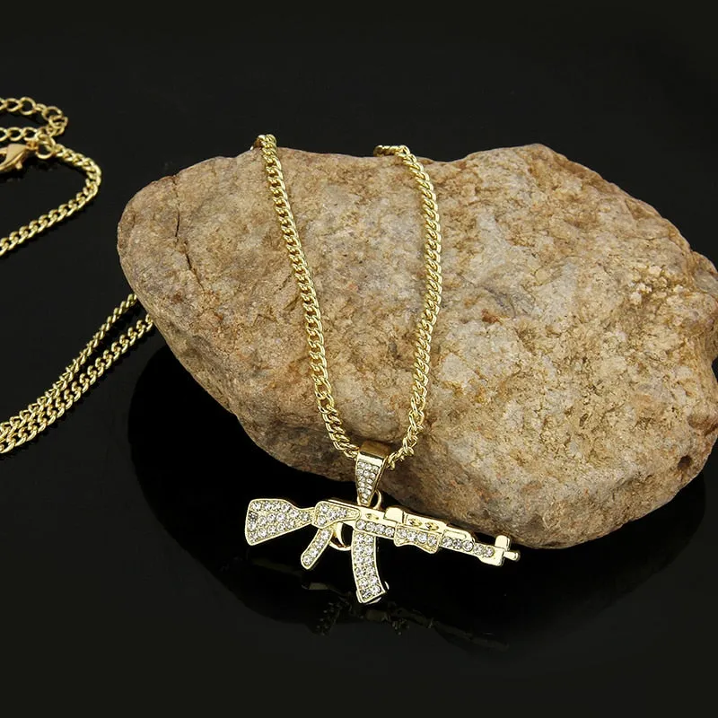 2019 Personalized Alloy AK47 Gun Pendant Necklaces Iced Out Rhinestone Long Chain Silver Gold Necklace Women Men Hip Hop Jewelry