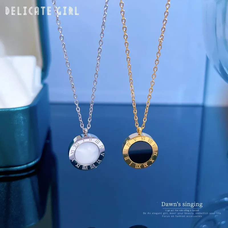 316L Stainless Steel 2-Color Roman Numeral Dial Pendant Necklace For Women
