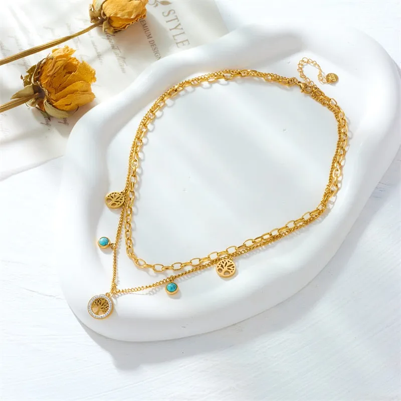 316L Stainless Steel 2-Layer Round Tree Pendant Necklace For Women