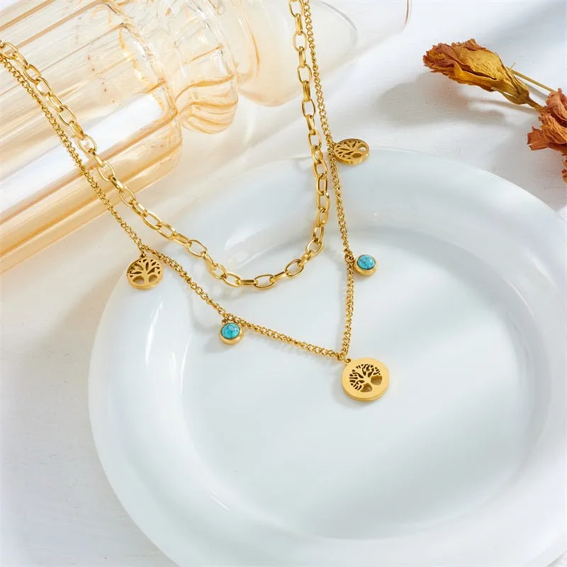316L Stainless Steel 2-Layer Round Tree Pendant Necklace For Women