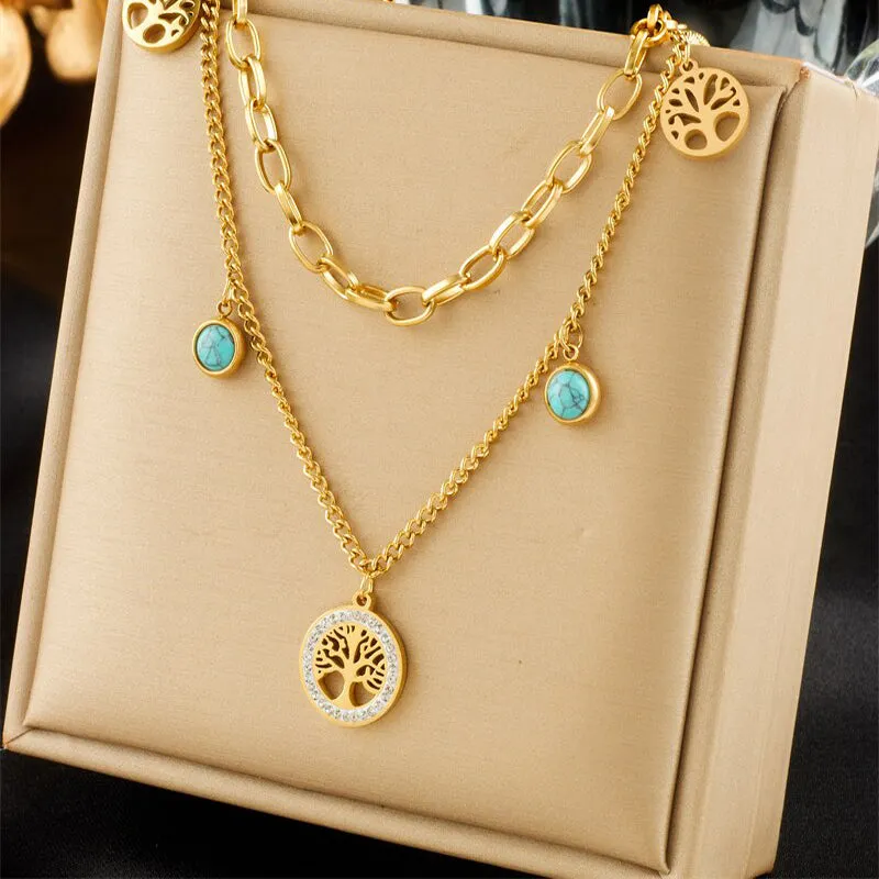 316L Stainless Steel 2-Layer Round Tree Pendant Necklace For Women