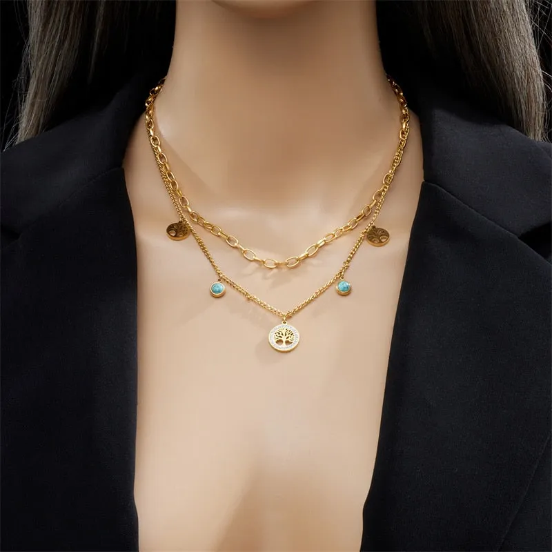 316L Stainless Steel 2-Layer Round Tree Pendant Necklace For Women