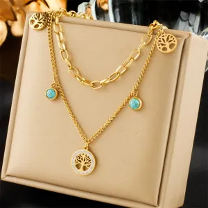 316L Stainless Steel 2-Layer Round Tree Pendant Necklace For Women