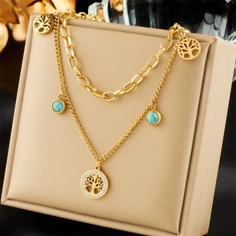 316L Stainless Steel 2-Layer Round Tree Pendant Necklace For Women