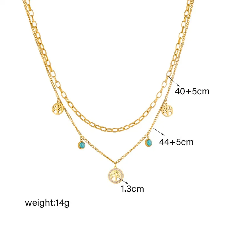316L Stainless Steel 2-Layer Round Tree Pendant Necklace For Women