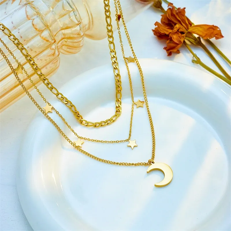 316L Stainless Steel Bending Moon Stars Pendant Necklace For Women