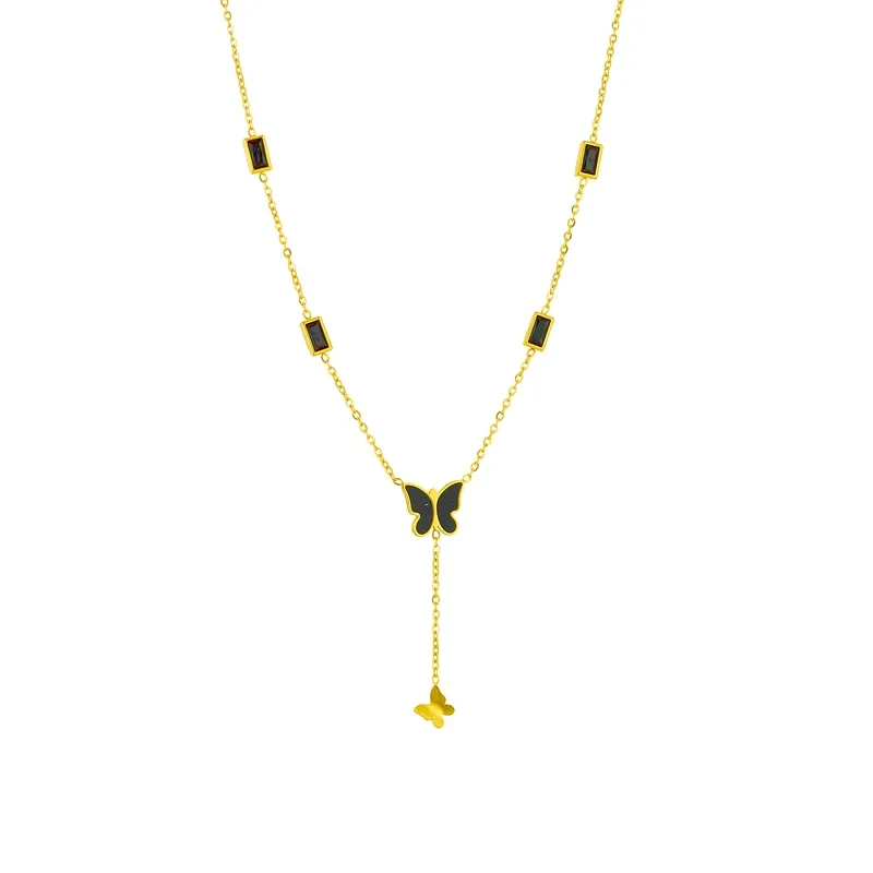 316L Stainless Steel Black Zircon Butterfly Long Pendant Necklace For Women