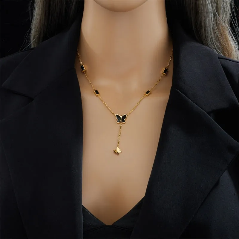 316L Stainless Steel Black Zircon Butterfly Long Pendant Necklace For Women