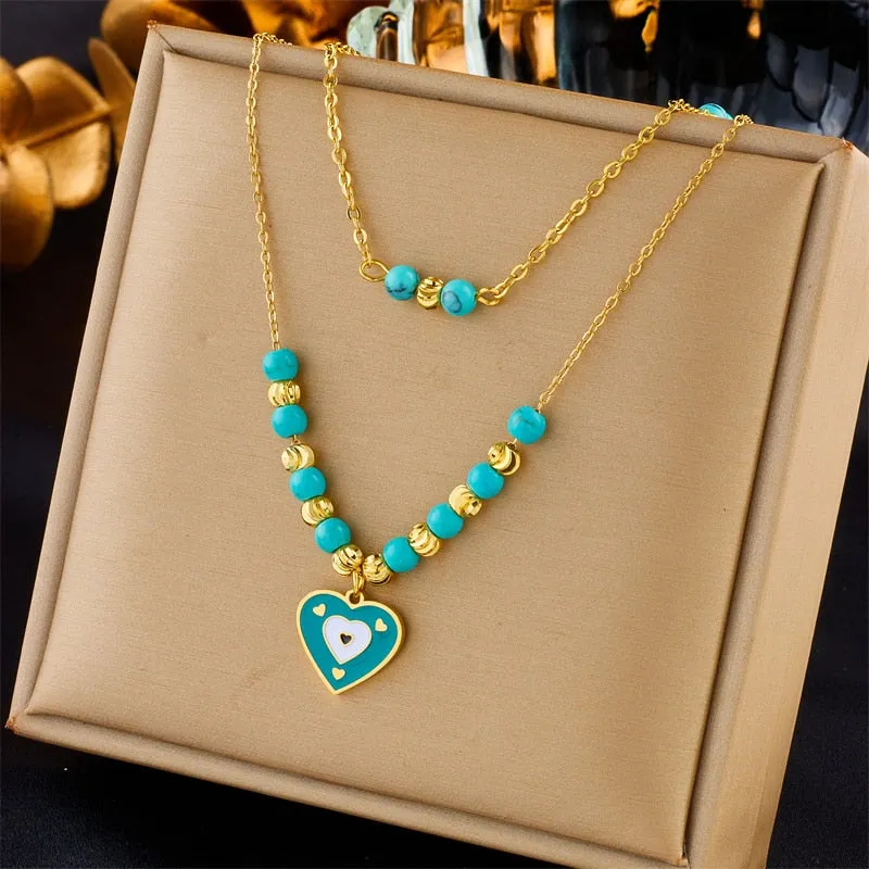316L Stainless Steel Blue Heart Pendant Necklace For Women