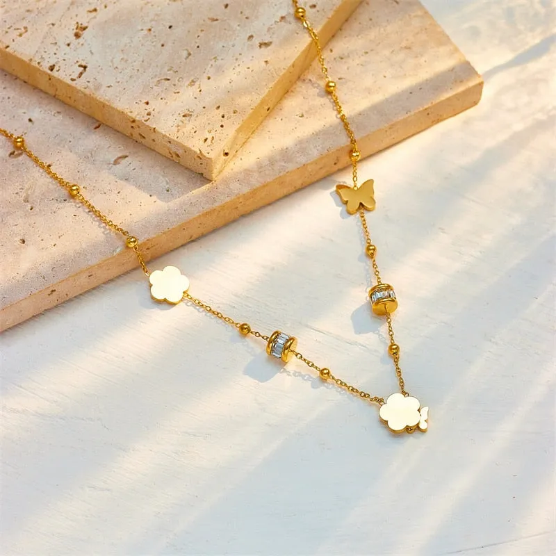 316L Stainless Steel Butterfly Flower Pendant Necklace For Women