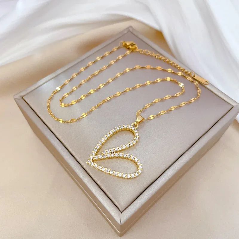 316L Stainless Steel Creative Hollow Heart Pendant Necklace For Women