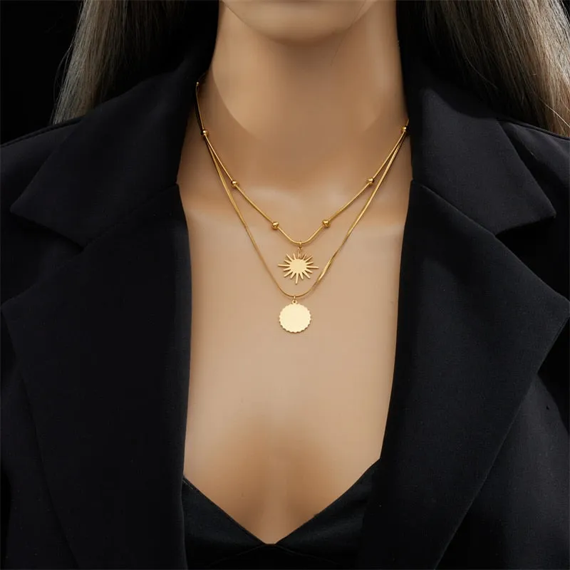 316L Stainless Steel Double Layer Sun Pendant Necklace For Women