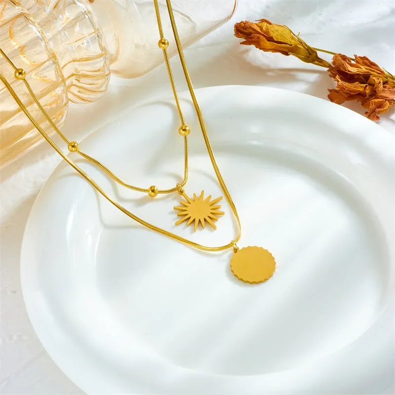 316L Stainless Steel Double Layer Sun Pendant Necklace For Women