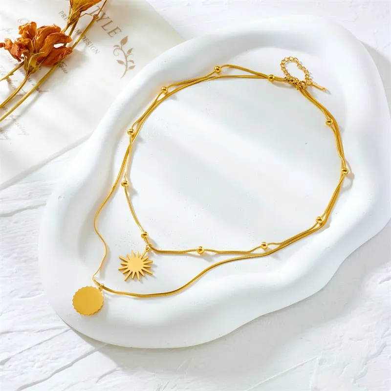 316L Stainless Steel Double Layer Sun Pendant Necklace For Women