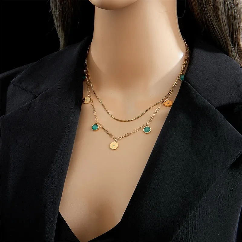 316L Stainless Steel Ethnic 2-Layer Flower Pendant Necklace For Women