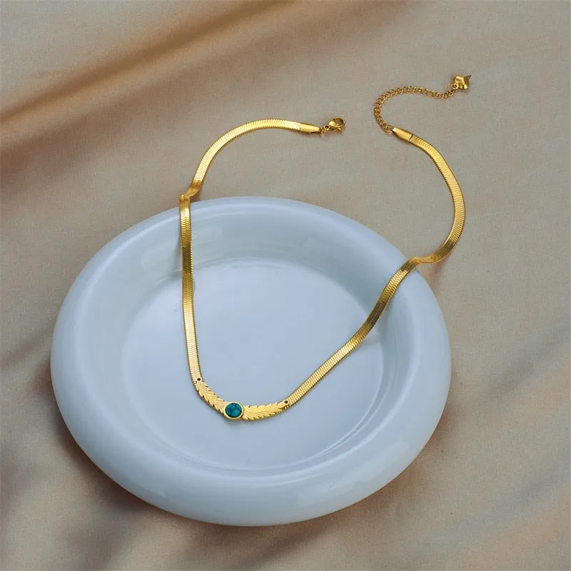 316L Stainless Steel Feather Green Stone Necklace For Women