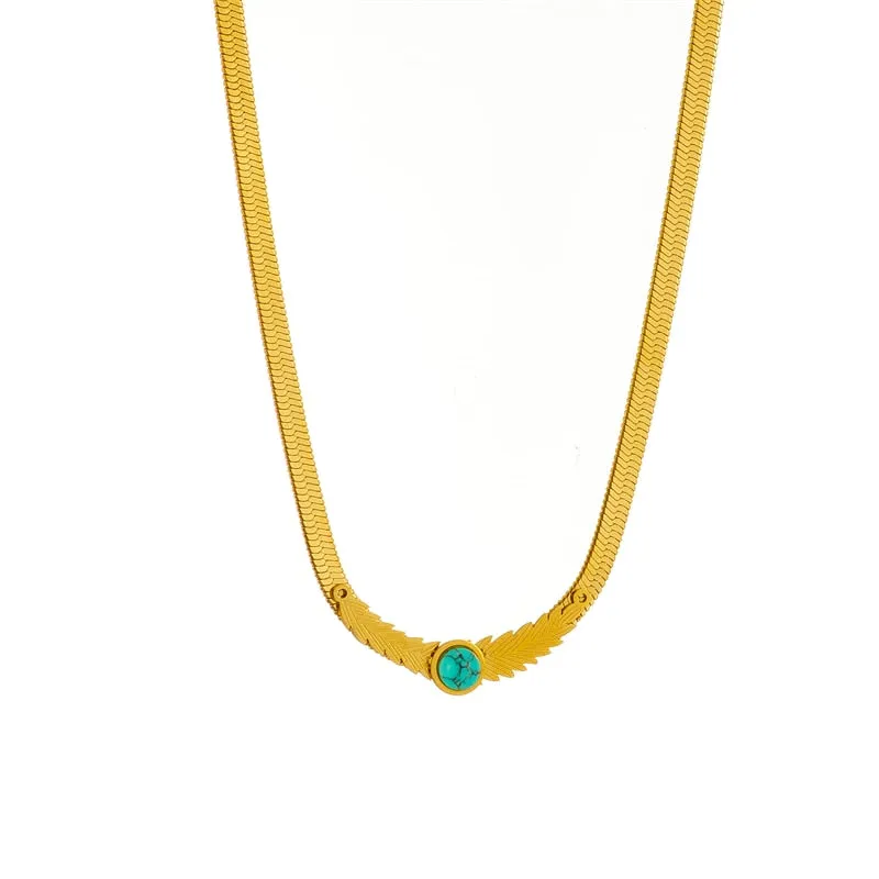 316L Stainless Steel Feather Green Stone Necklace For Women