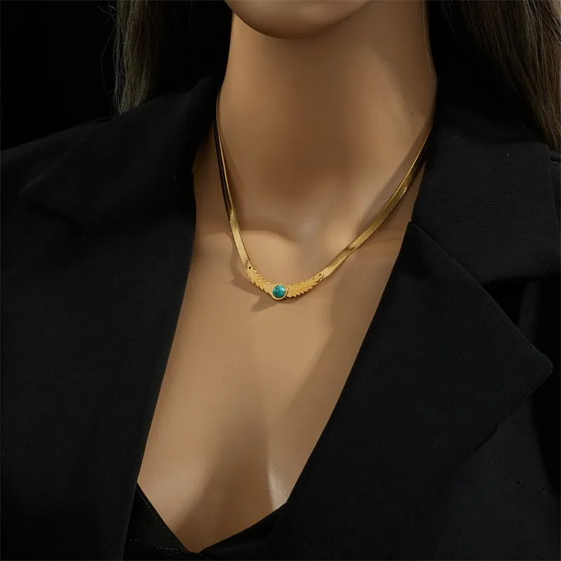316L Stainless Steel Feather Green Stone Necklace For Women