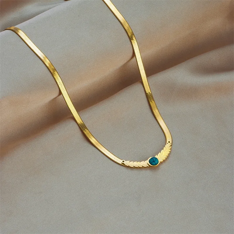 316L Stainless Steel Feather Green Stone Necklace For Women