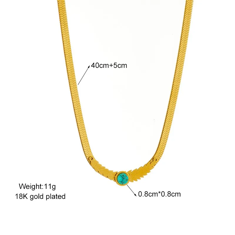 316L Stainless Steel Feather Green Stone Necklace For Women
