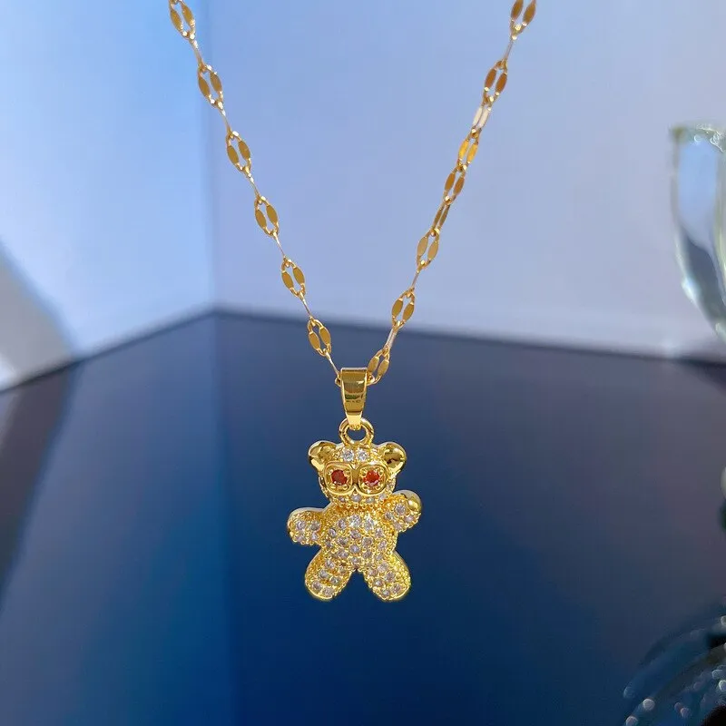316L Stainless Steel Full Rhinestone Bear Pendant Necklace For Women