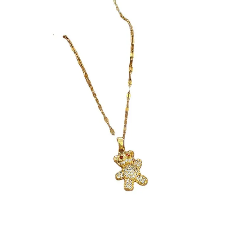 316L Stainless Steel Full Rhinestone Bear Pendant Necklace For Women