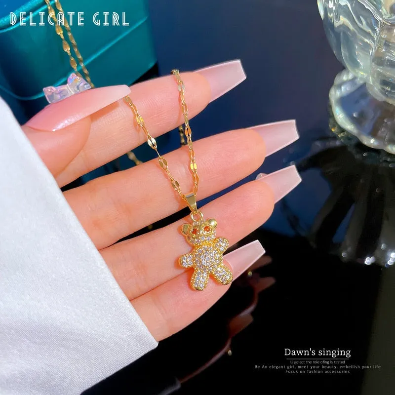 316L Stainless Steel Full Rhinestone Bear Pendant Necklace For Women