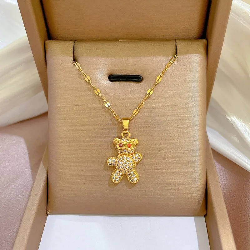 316L Stainless Steel Full Rhinestone Bear Pendant Necklace For Women