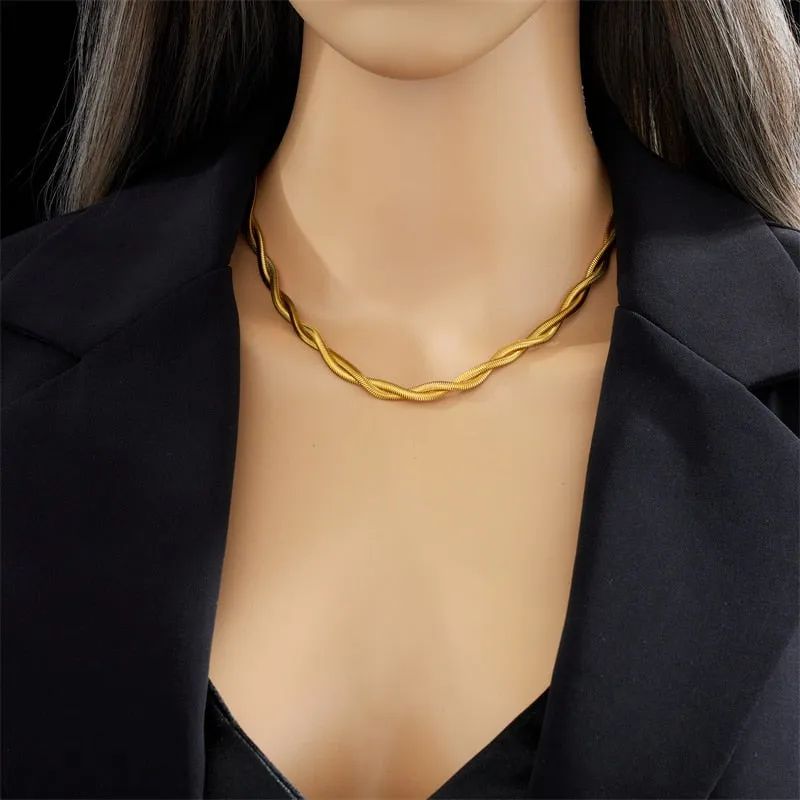 316L Stainless Steel Gold Color Double Snake Chain Crossing Twist Necklace For Women