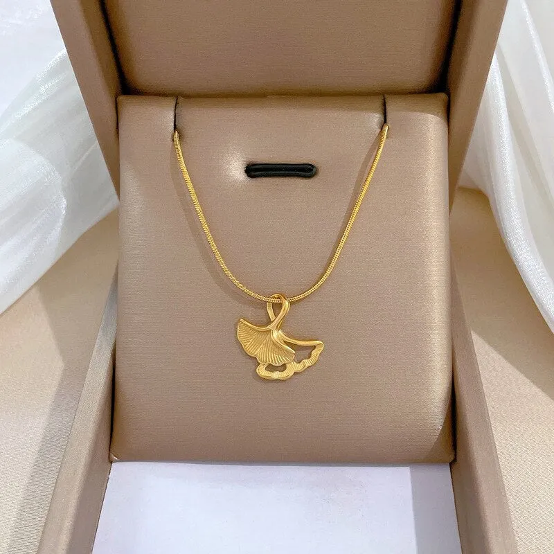 316L Stainless Steel Gold Silver Color Ginkgo Leaves Pendant Necklace For Women