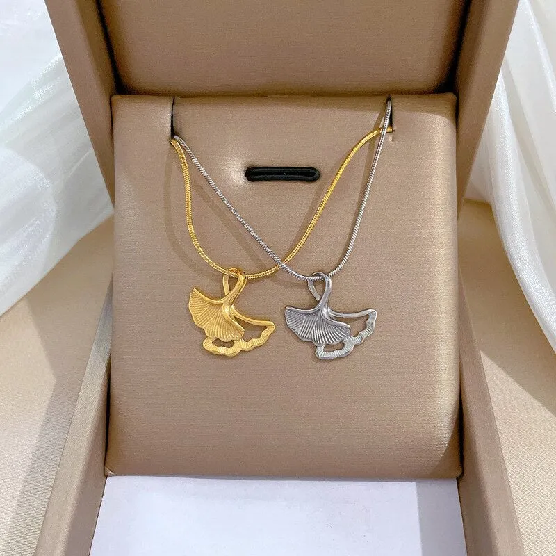 316L Stainless Steel Gold Silver Color Ginkgo Leaves Pendant Necklace For Women
