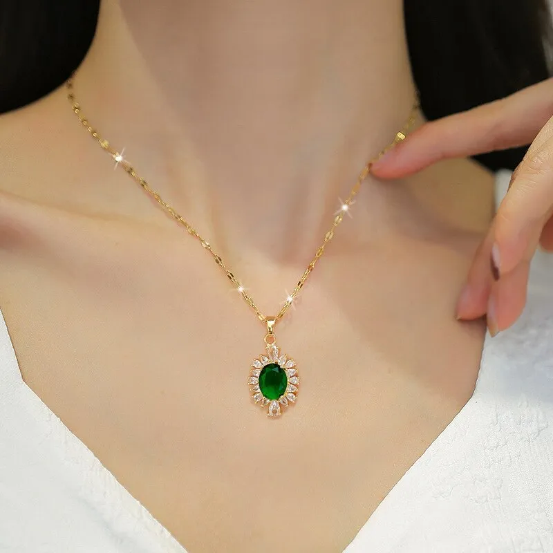 316L Stainless Steel Green Crystal Flowers Charm Necklace Earrings For Women