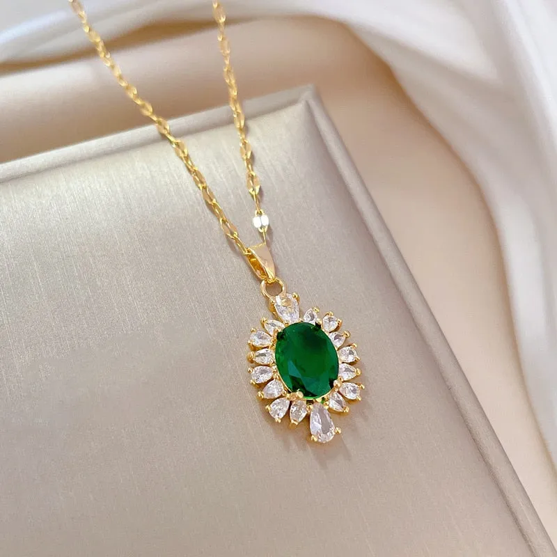 316L Stainless Steel Green Crystal Flowers Charm Necklace Earrings For Women