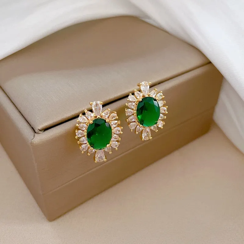 316L Stainless Steel Green Crystal Flowers Charm Necklace Earrings For Women