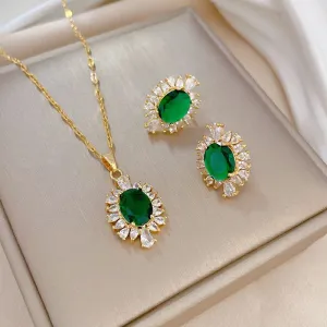 316L Stainless Steel Green Crystal Flowers Charm Necklace Earrings For Women