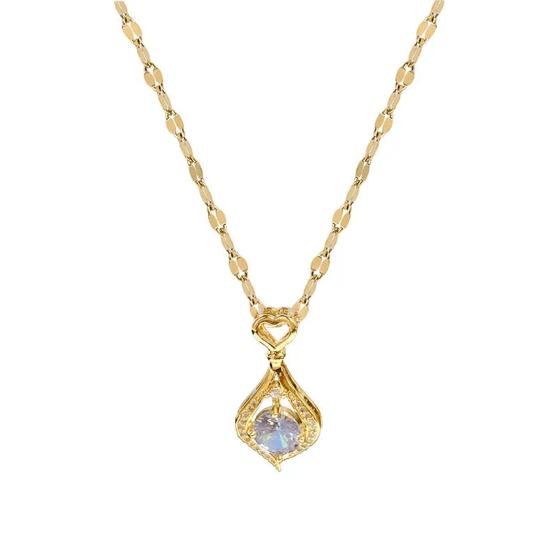 316L Stainless Steel Heart Drop Zircon Pendant Necklace For Women
