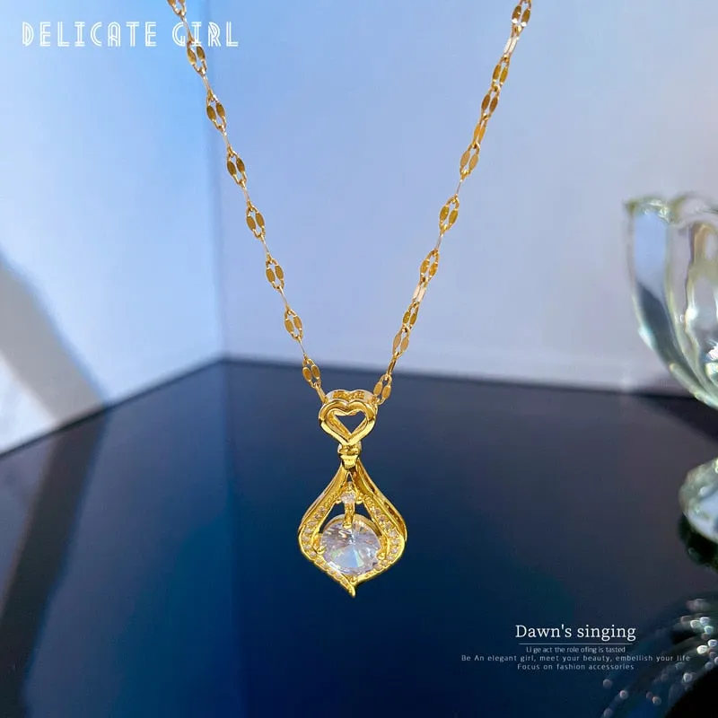 316L Stainless Steel Heart Drop Zircon Pendant Necklace For Women
