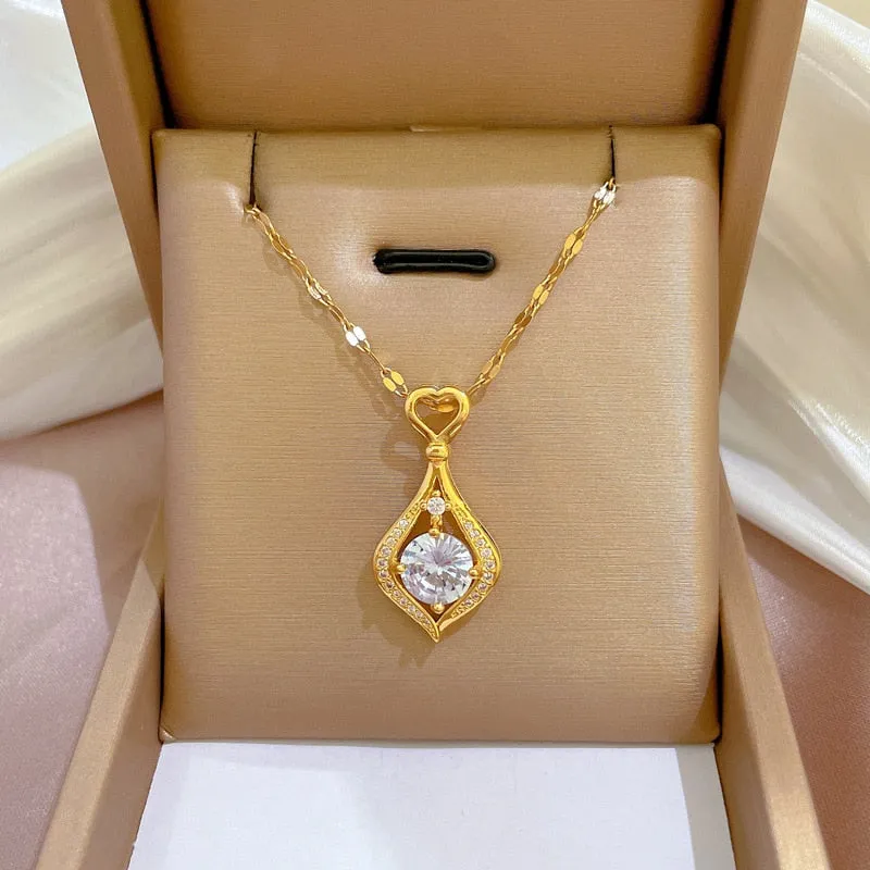 316L Stainless Steel Heart Drop Zircon Pendant Necklace For Women