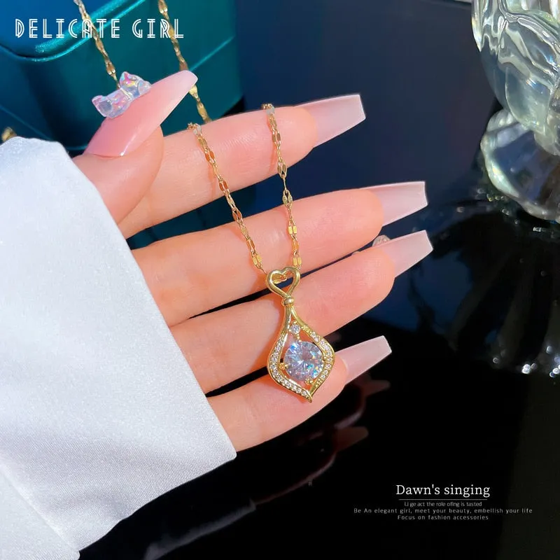 316L Stainless Steel Heart Drop Zircon Pendant Necklace For Women