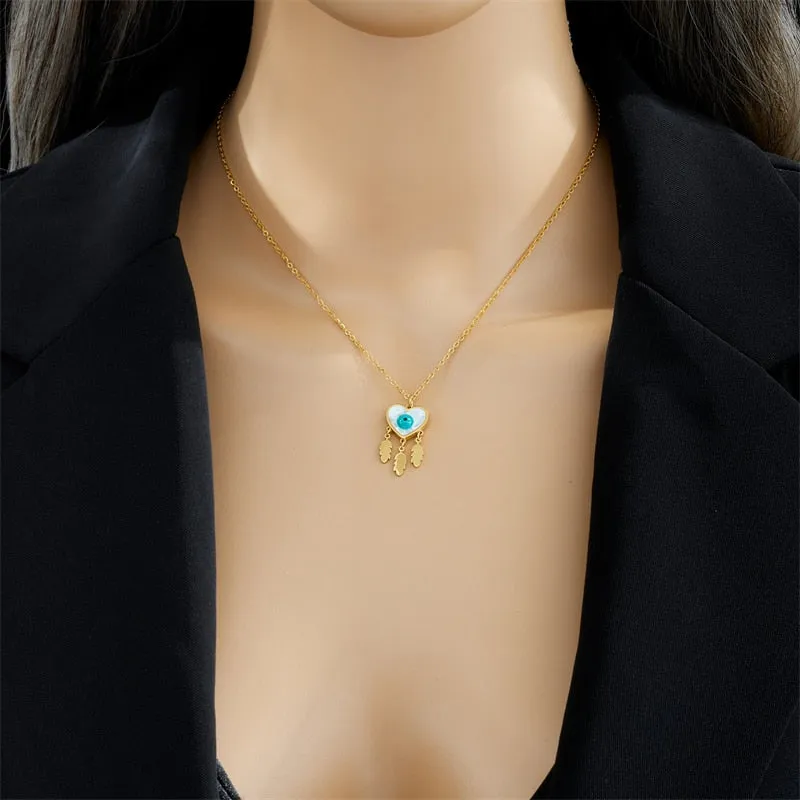 316L Stainless Steel Heart Eye Feather Pendant Necklace For Women
