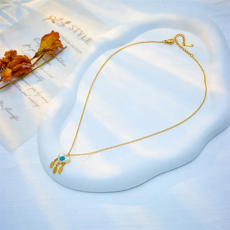 316L Stainless Steel Heart Eye Feather Pendant Necklace For Women