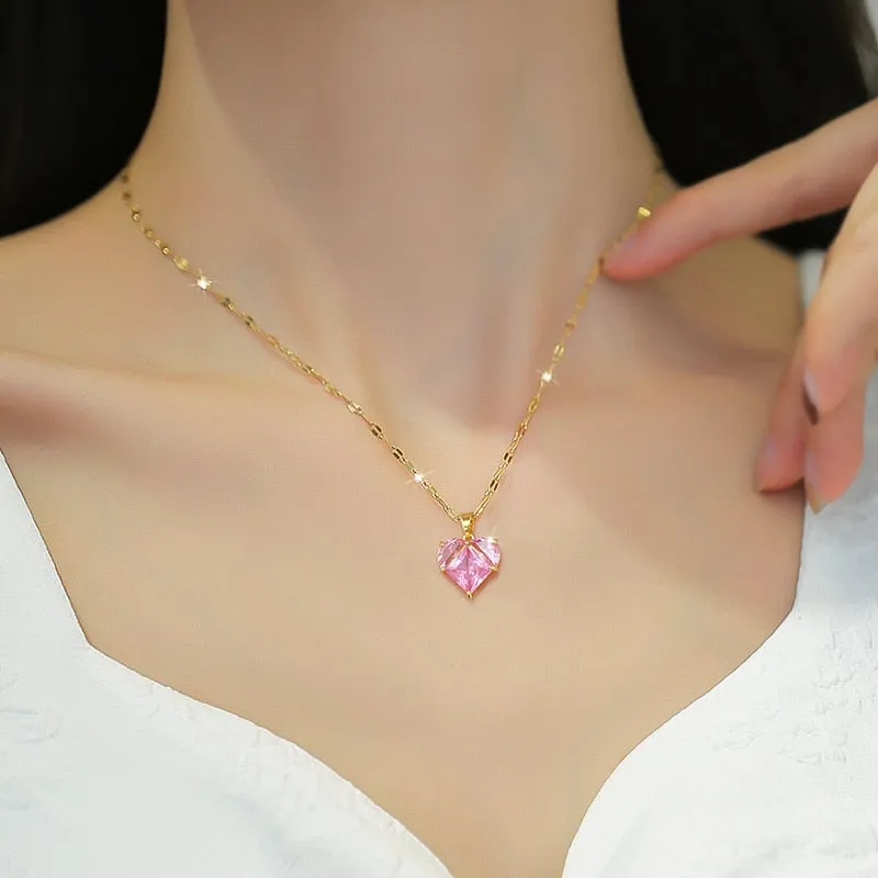 316L Stainless Steel Heart Pink Zircon Pendant Necklace For Women