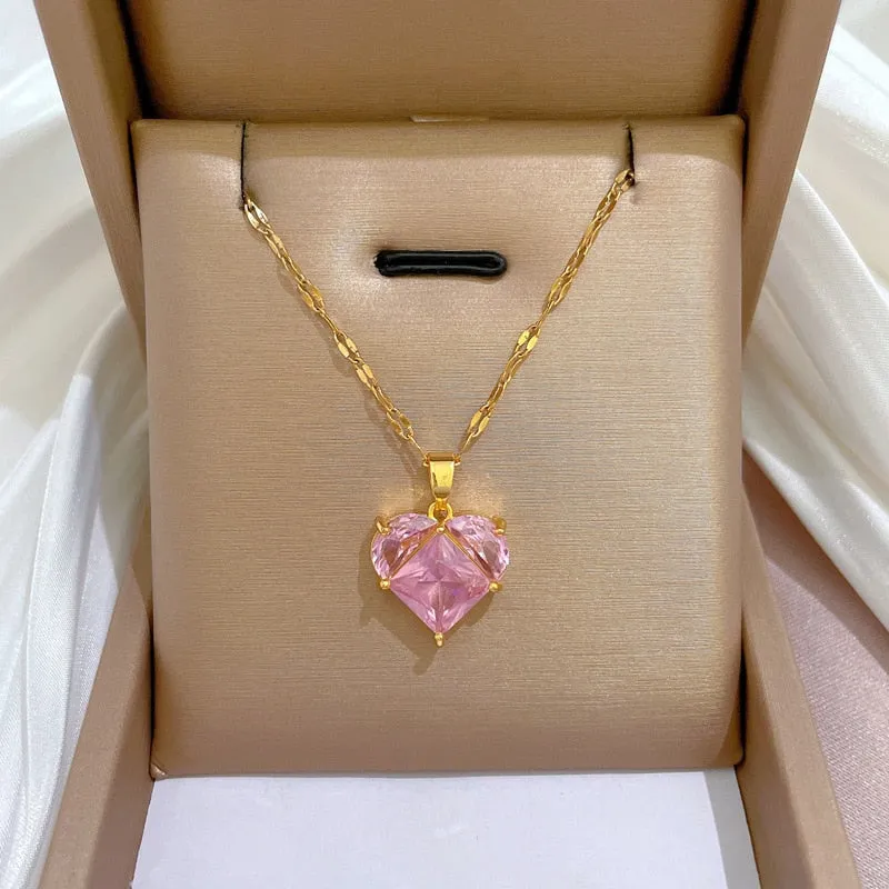 316L Stainless Steel Heart Pink Zircon Pendant Necklace For Women
