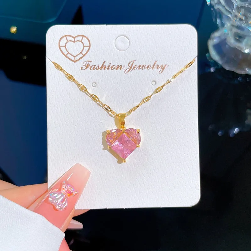 316L Stainless Steel Heart Pink Zircon Pendant Necklace For Women