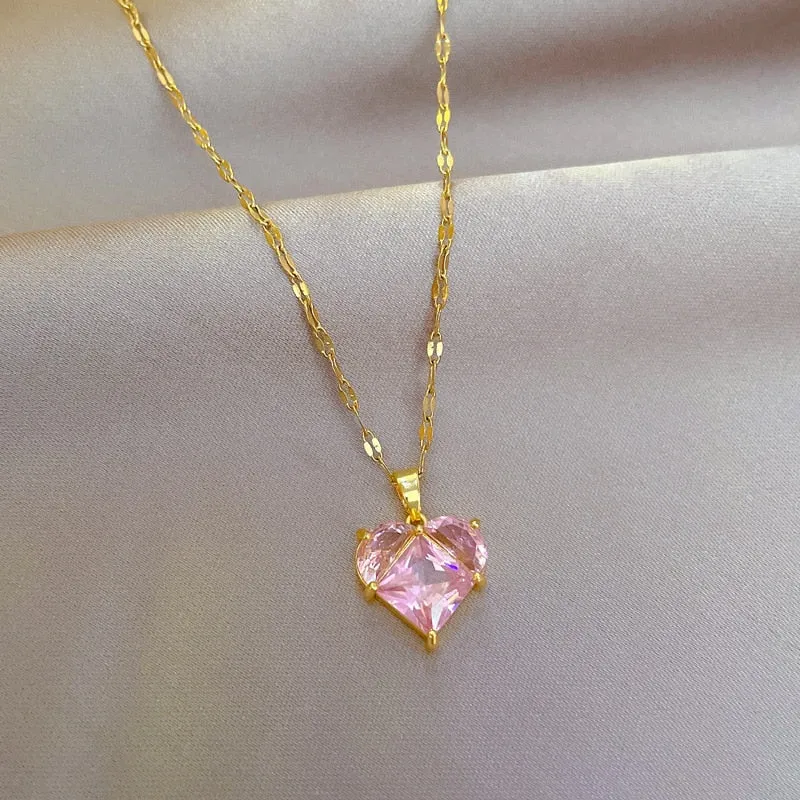 316L Stainless Steel Heart Pink Zircon Pendant Necklace For Women