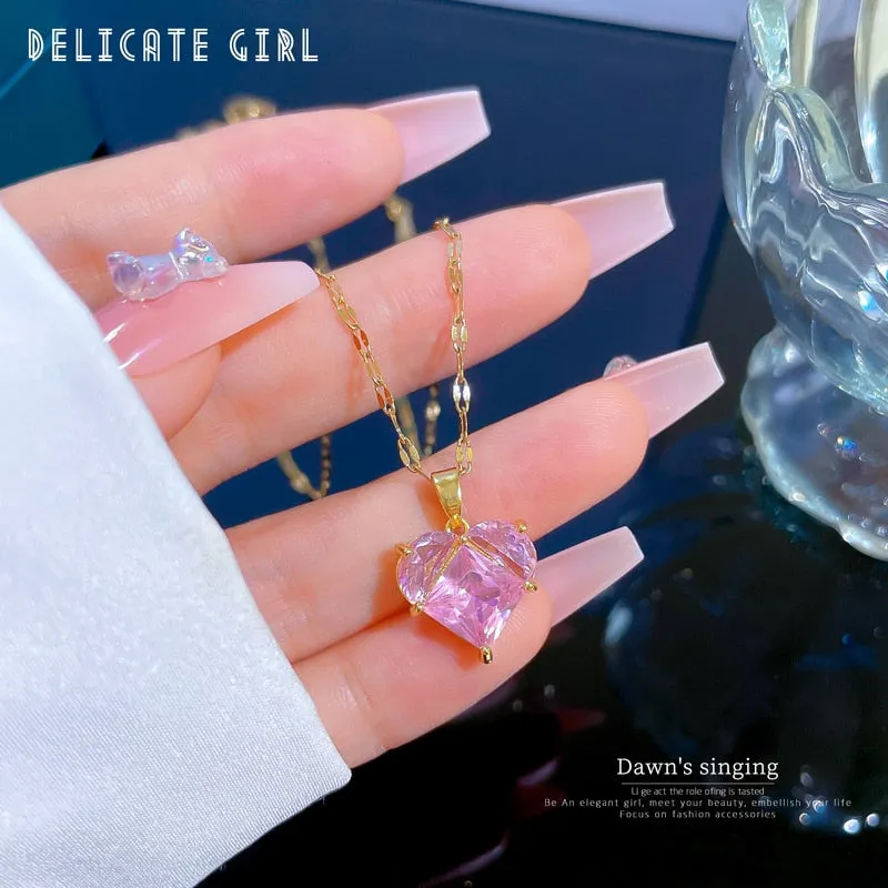 316L Stainless Steel Heart Pink Zircon Pendant Necklace For Women