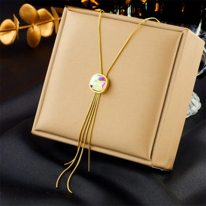 316L Stainless Steel Heart Round Colorful Stone Tassel Pendant Necklace For Women