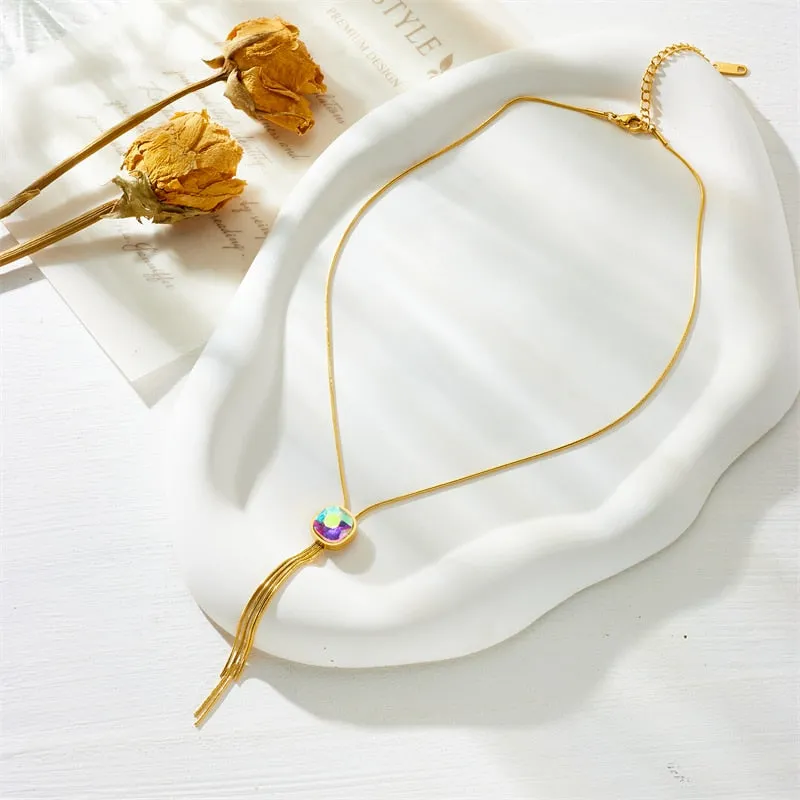 316L Stainless Steel Heart Round Colorful Stone Tassel Pendant Necklace For Women